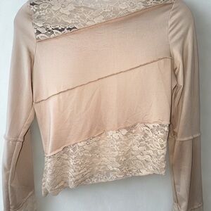Women’s Lace Panel Long-Sleeve Top in Beige